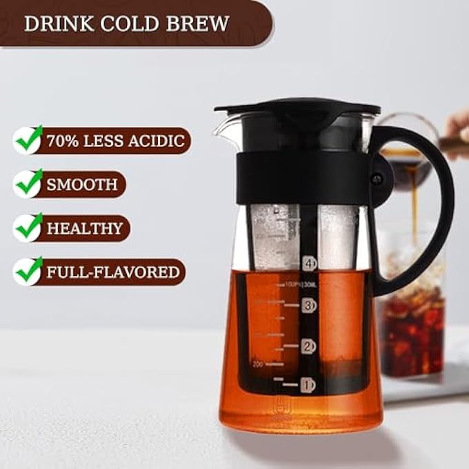 NALACAL Cold Brew Coffee Maker Tea Infuser With Spout Excellent Glass Cups With Removable Nylon Filter Screen Drink  Beverage Dispenser Jar Iced Coffee Maker  Tea Brewer Gifts For Women Man  650Ml - Image 4