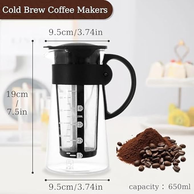 NALACAL Cold Brew Coffee Maker Tea Infuser With Spout Excellent Glass Cups With Removable Nylon Filter Screen Drink  Beverage Dispenser Jar Iced Coffee Maker  Tea Brewer Gifts For Women Man  650Ml - Image 3