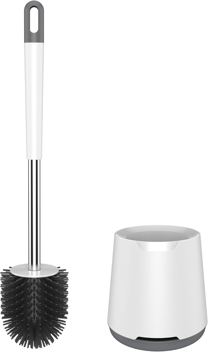 TOILET BRUSH AND HOLDER SET SILICONE TOILET BOWL BRUSH WITH STAINLESS STEEL HANDLE FLEXIBLE TOILET CLEANER BRUSH WITH VENTILATED SLOTS BASE FOR BATHROOM TOILET CLEANING WITHOUT DRILLING