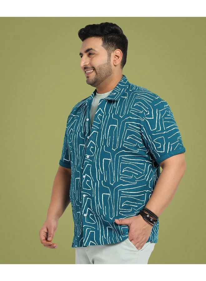 Instafab Plus Men's Teal Blue Abstract Lines Print Shirt
