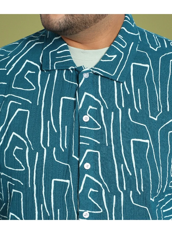 Instafab Plus Men's Teal Blue Abstract Lines Print Shirt