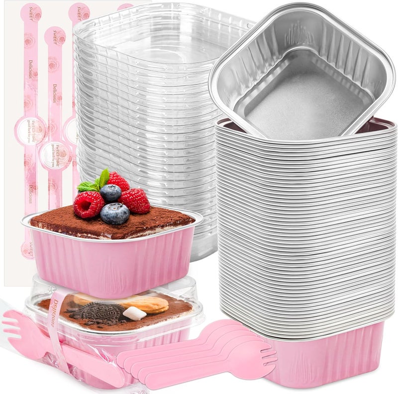 LOKQING 50 Pack Mini Cake Pans with Lids and Spoons Small Aluminum Foil Pans Square Baking Cups Disposable Ramekins Cupcake Liners for Brownie Pie (Pink, 5 oz) - Image 1