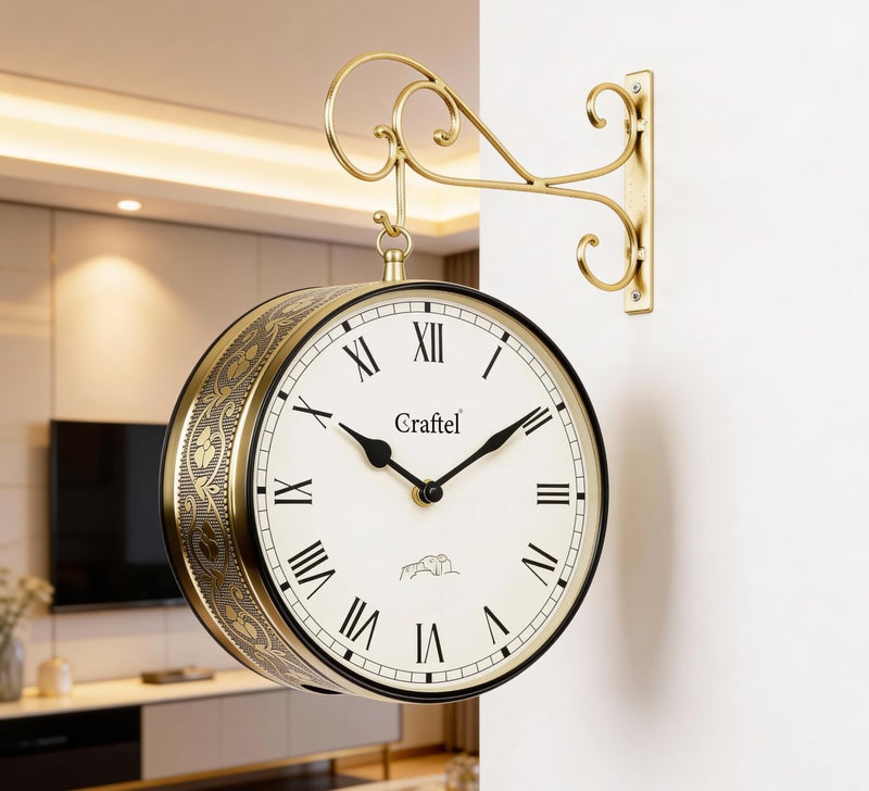 CRAFTEL Double Sided Station Wall Clock Multi-Layer Electroplated | Both Roman Numerals | Aluminum Matte-Finish Dial Brass Body | Dial - 10 Inches, Shiny Gold | 365 Days Warranty - Image 1