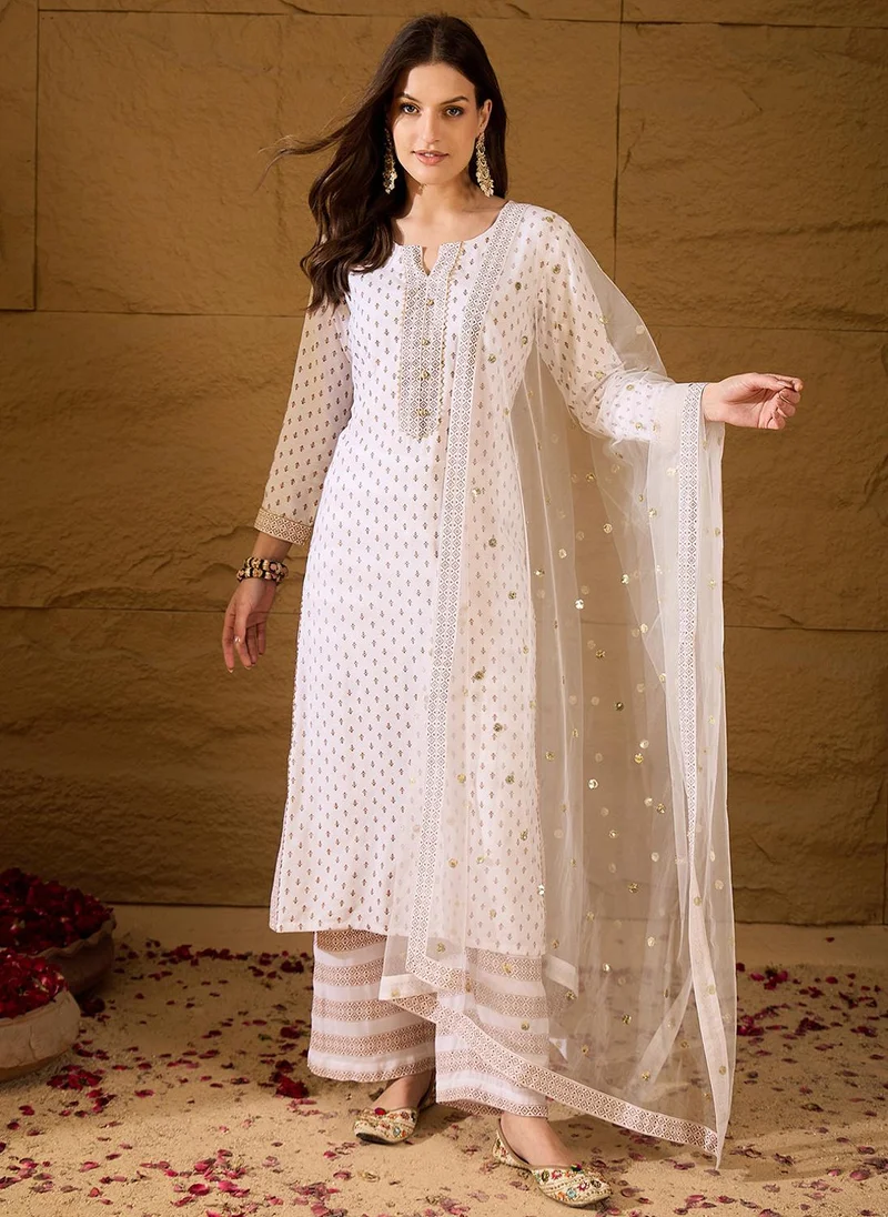 زيري سوق White Viscose Rayon Motifs Printed 3-Piece Kurta Set