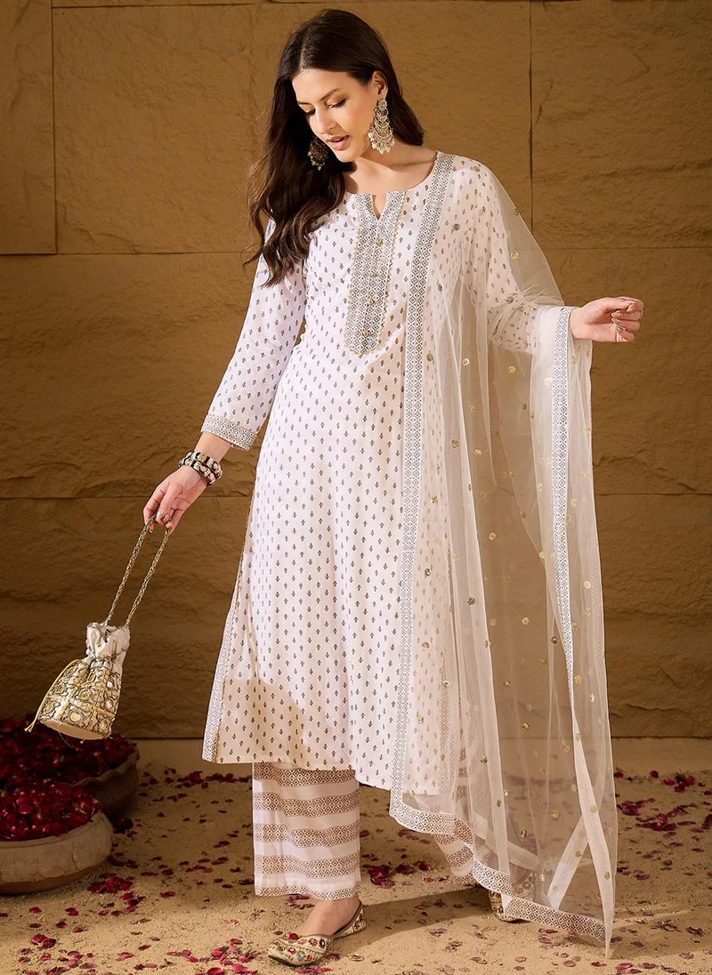 زيري سوق White Viscose Rayon Motifs Printed 3-Piece Kurta Set