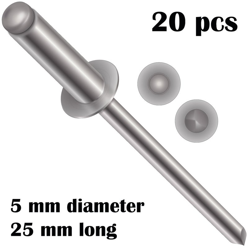 LauTech 5mm x 25mm Pop Rivets Rivet with Flange Rivets (20 Pack) - Blind Rivet, Head Dome Rivets with Aluminium Body and Steel Mandrel for Metal, Tinplate, Metal Fastening - Push Rivets - Image 2