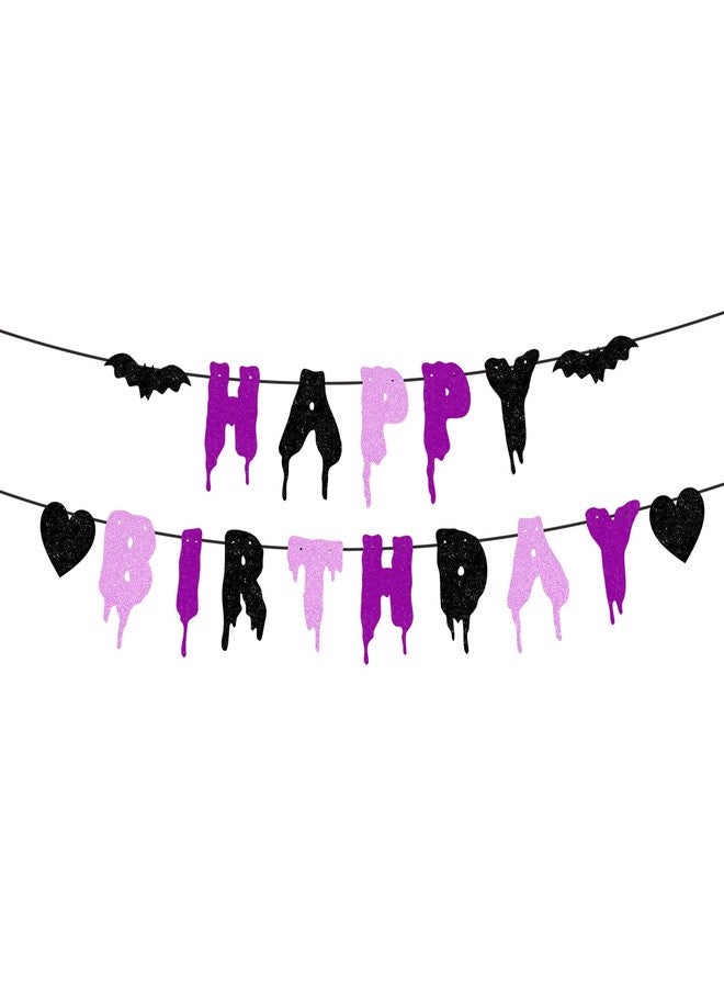 Difuento Happy Birthday Halloween Banner NO DIY Glitter Halloween Birthday Party Decorations for Home Office Wall Mantle Scary Party Decorations (Purple Black Pink) - Image 1
