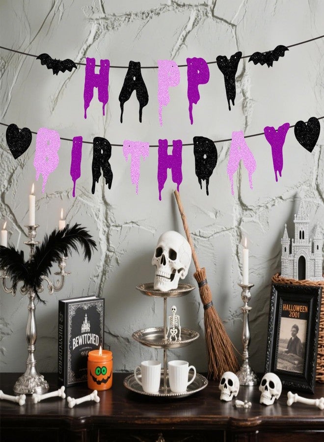 Difuento Happy Birthday Halloween Banner NO DIY Glitter Halloween Birthday Party Decorations for Home Office Wall Mantle Scary Party Decorations (Purple Black Pink) - Image 4