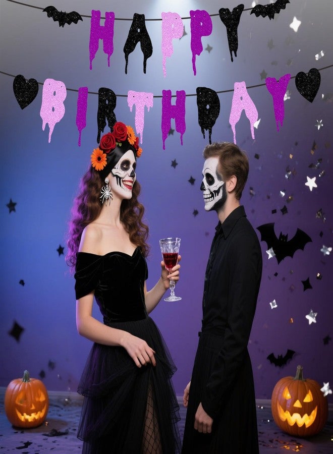 Difuento Happy Birthday Halloween Banner NO DIY Glitter Halloween Birthday Party Decorations for Home Office Wall Mantle Scary Party Decorations (Purple Black Pink) - Image 3