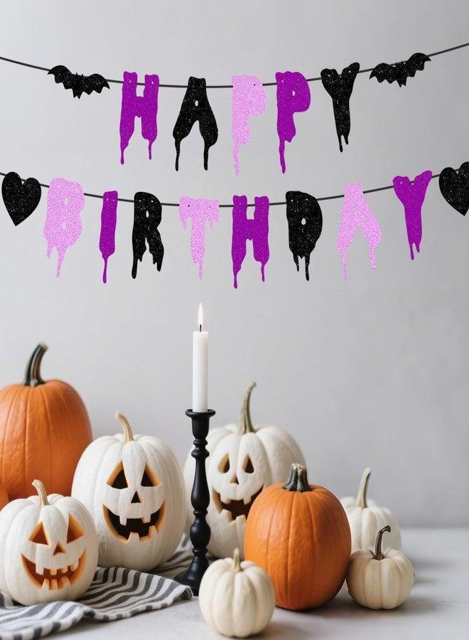 Difuento Happy Birthday Halloween Banner NO DIY Glitter Halloween Birthday Party Decorations for Home Office Wall Mantle Scary Party Decorations (Purple Black Pink) - Image 2