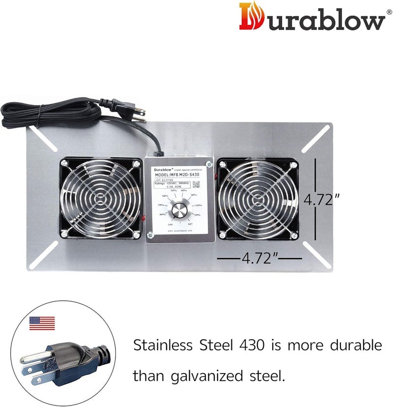 Durablow 220 CFM Air-Out Stainless Steel Crawl Space Vent Fan, Dual Fans with Dehumidistat & Thermostat, Foundation Vent, Radon Mitigation, for Crawl Space, Basement (Stainless Steel 430, M2D-S430) - Image 2