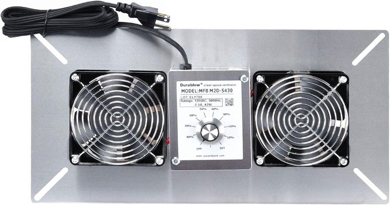 Durablow 220 CFM Air-Out Stainless Steel Crawl Space Vent Fan, Dual Fans with Dehumidistat & Thermostat, Foundation Vent, Radon Mitigation, for Crawl Space, Basement (Stainless Steel 430, M2D-S430) - Image 1