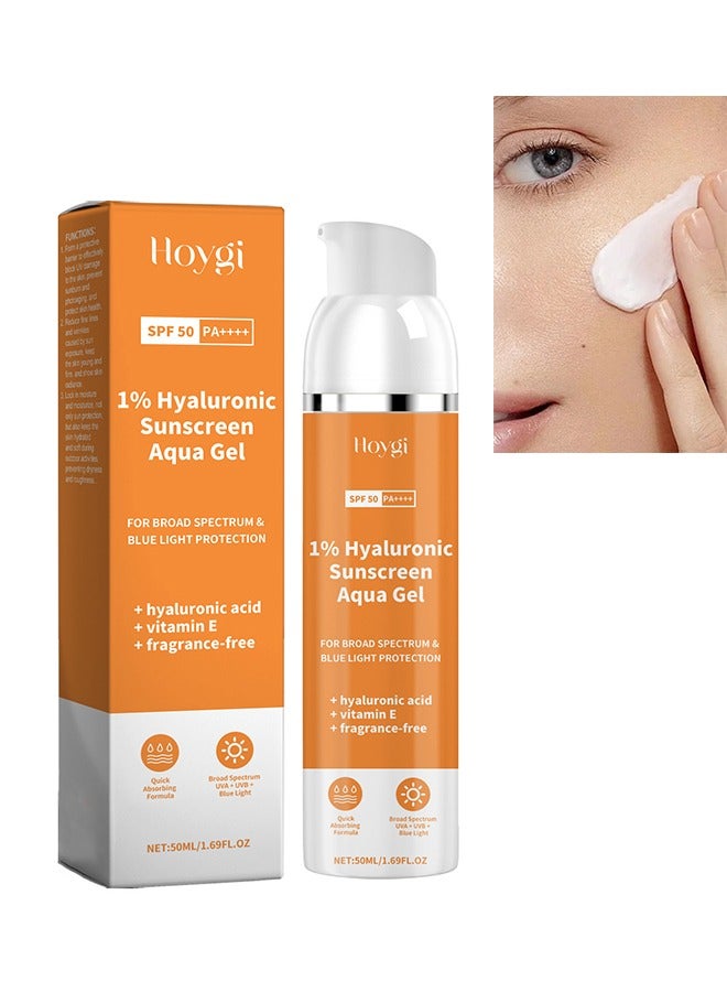 Hoygi 1% Hyaluronic Sunscreen Aqua Gel, SPF 50+ PA+++ Sunscreen Cream, for Broad Spectrum & Blue Light Protection, Hydrating Sunscreen for Face, Highly Effective Sunprotection Gel Cream, 50ml - Image 1