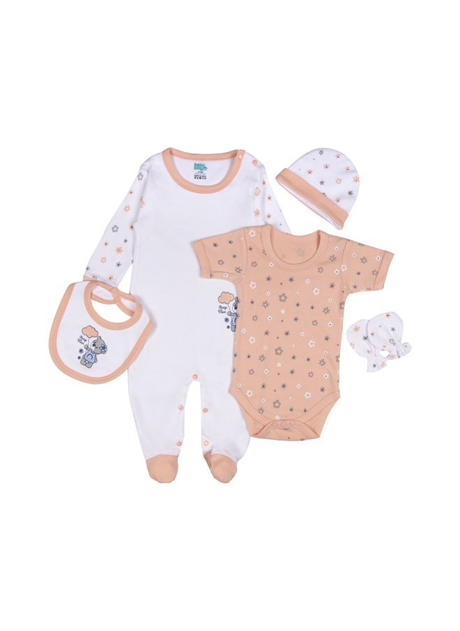 Babies Basic 5 Piece Unisex 100% Cotton Gift Set Include Bib, Romper, Mittens, Cap And Sleepsuit/Jumpsuit  - Image 1