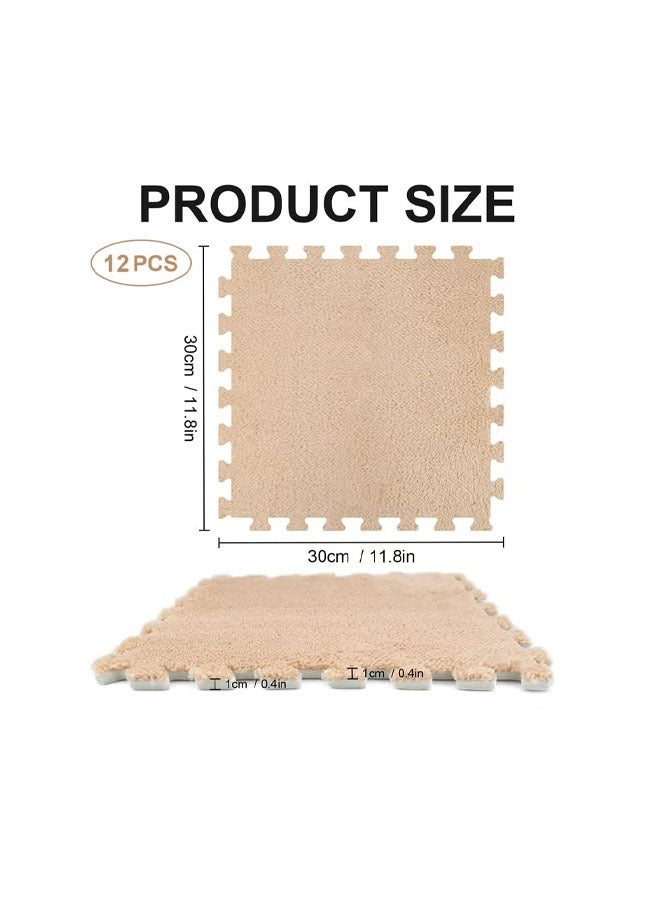 12Pcs Plush Foam Floor Mat Square Interlocking Carpet Tiles with Border Fluffy Play Mat Floor Tiles Soft Climbing Area Rugs for Home Playroom Decor (White+Beige) - Image 2