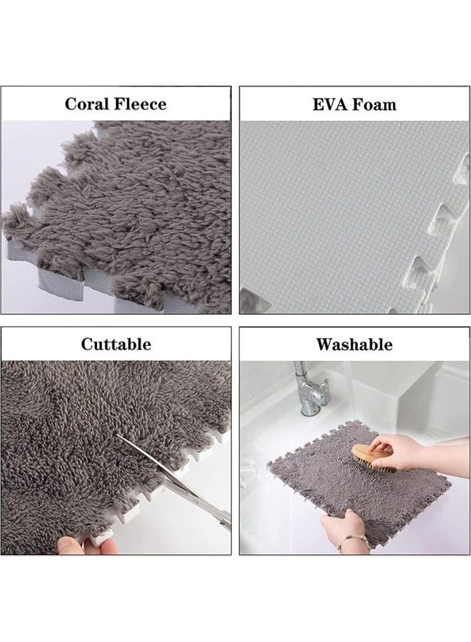 12Pcs Plush Foam Floor Mat Square Interlocking Carpet Tiles with Border Fluffy Play Mat Floor Tiles Soft Climbing Area Rugs for Home Playroom Decor (White+Beige) - Image 4