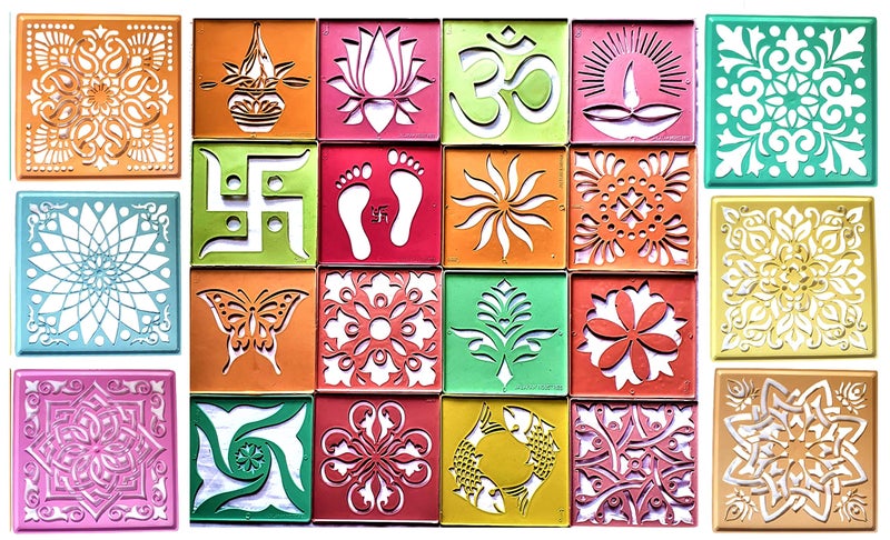 Artonezt Rangoli Making Tool for Navratri Pongal Pooja Mandir Diwali Floor Decoration Art &Craft Decor (Size 4x4 inches) + (Size 8x8inches) - Set of 22 DIY Rangoli Stencils - Image 1