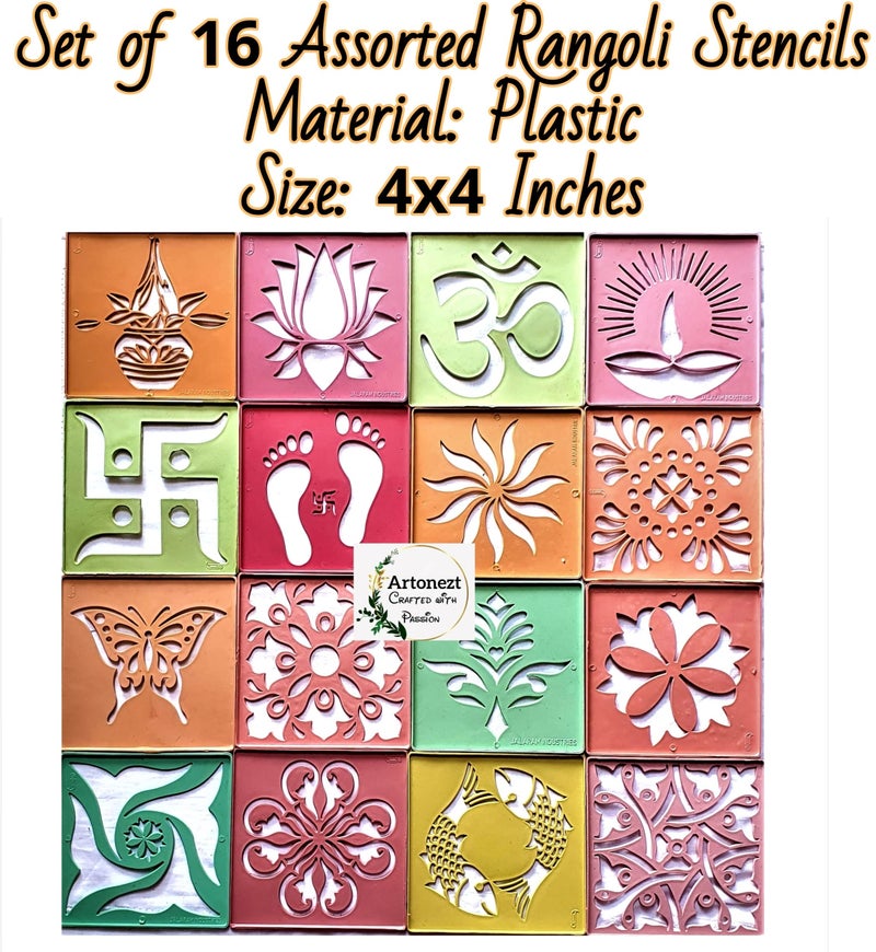 Artonezt Rangoli Making Tool for Navratri Pongal Pooja Mandir Diwali Floor Decoration Art &Craft Decor (Size 4x4 inches) + (Size 8x8inches) - Set of 22 DIY Rangoli Stencils - Image 5