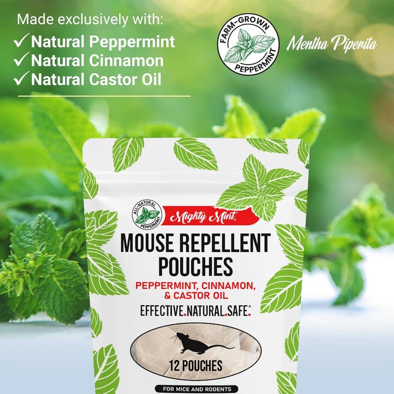 Mighty Mint Mouse Repellent Pouches – Peppermint, Castor Oil & Cinnamon Formula – Natural Indoor Deterrent for Mice and Rodents – Plant-Based, Long-Lasting Protection – 12 Count (Pack of 2) - Image 2