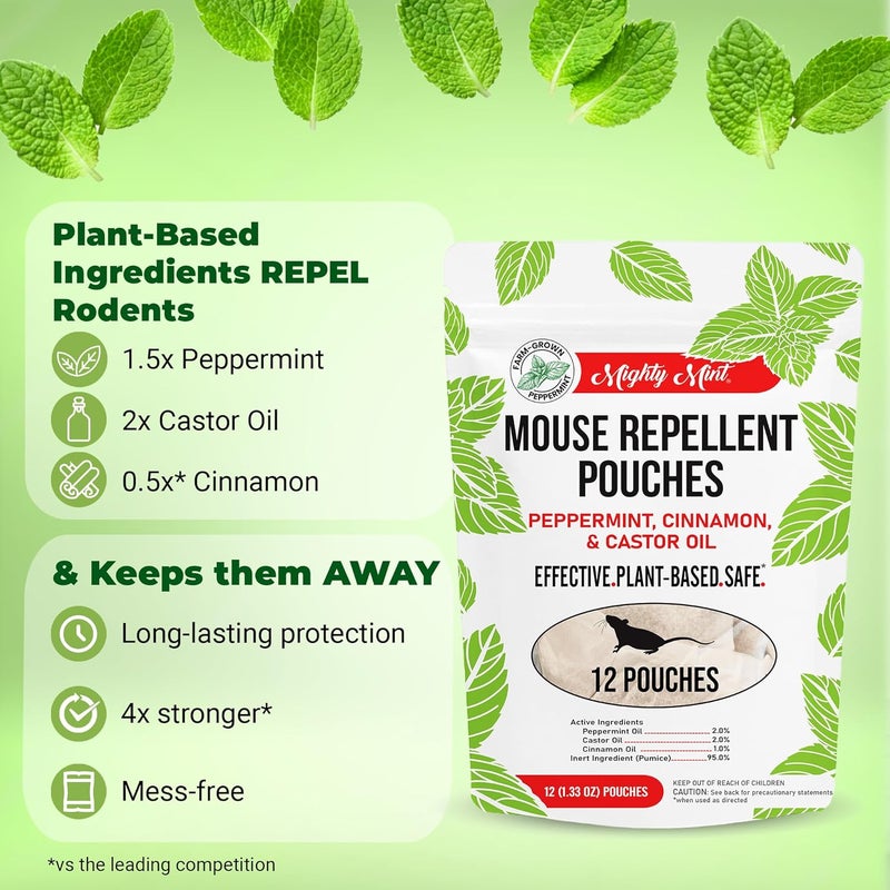 Mighty Mint Mouse Repellent Pouches – Peppermint, Castor Oil & Cinnamon Formula – Natural Indoor Deterrent for Mice and Rodents – Plant-Based, Long-Lasting Protection – 12 Count (Pack of 2) - Image 3