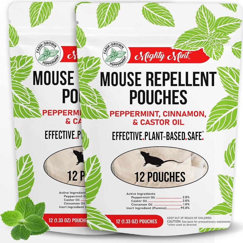 Mighty Mint Mouse Repellent Pouches – Peppermint, Castor Oil & Cinnamon Formula – Natural Indoor Deterrent for Mice and Rodents – Plant-Based, Long-Lasting Protection – 12 Count (Pack of 2) - Image 1