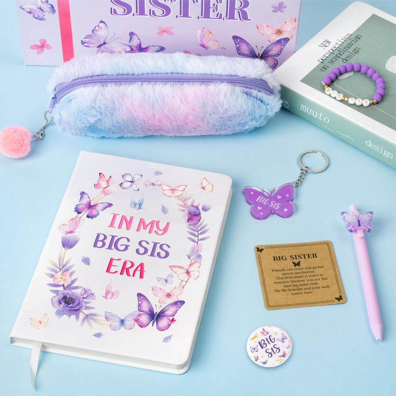 CY2SIDE Big Sister Gifts for Girls, 7PCS In My Big Sis Era Announcement Set Include Butterfly Notebook Pen Plush Pouch Keychain and Greeting Card, Charm Birthday Gifts for New Sibling Arrival Age 2-8 - Image 4