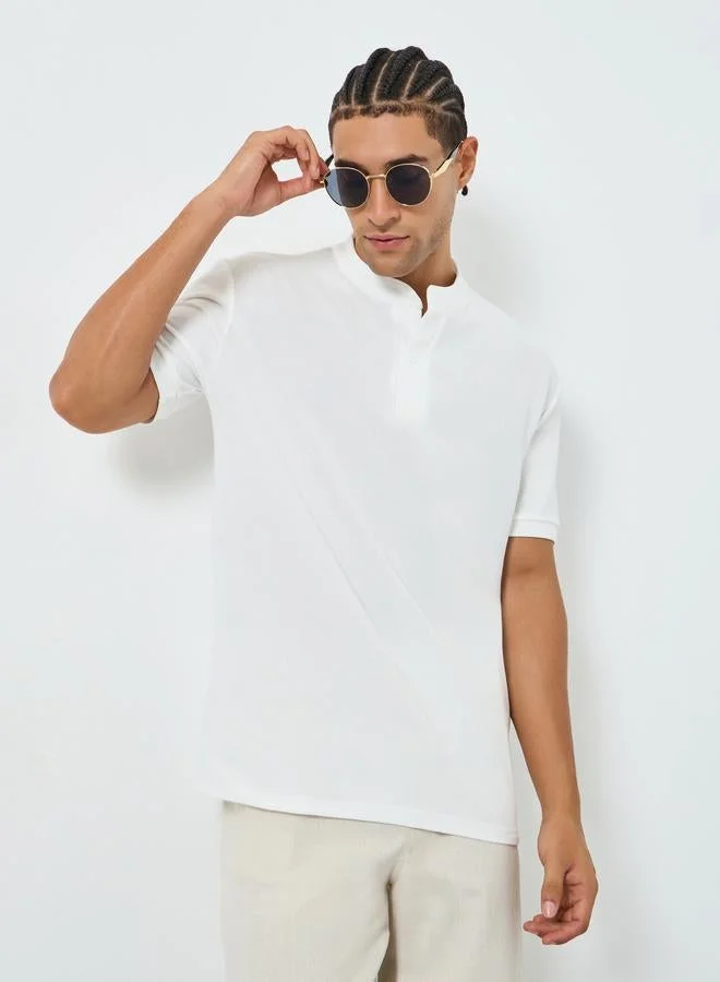 Men Pique Band Collar Relaxed Smart Polo