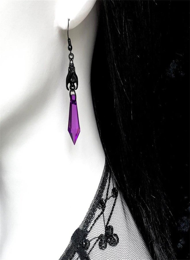 RLHRNDE Gothic Bat Glass Necklace Earrings Set for Women Vintage Punk Vampire Bat Pendant Necklace Blood Red Crystal Earrings Halloween Cosplay Mystic Witch Jewelry Set (Purple) - Image 3