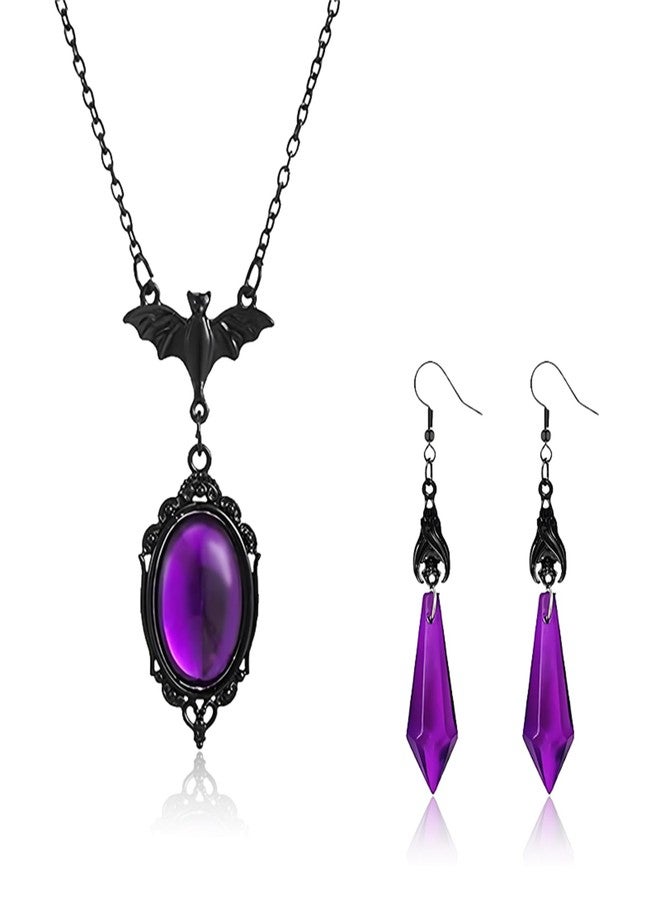 RLHRNDE Gothic Bat Glass Necklace Earrings Set for Women Vintage Punk Vampire Bat Pendant Necklace Blood Red Crystal Earrings Halloween Cosplay Mystic Witch Jewelry Set (Purple) - Image 1