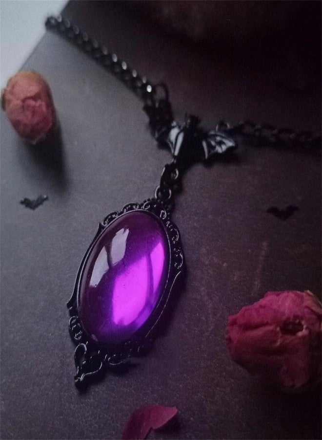 RLHRNDE Gothic Bat Glass Necklace Earrings Set for Women Vintage Punk Vampire Bat Pendant Necklace Blood Red Crystal Earrings Halloween Cosplay Mystic Witch Jewelry Set (Purple) - Image 5