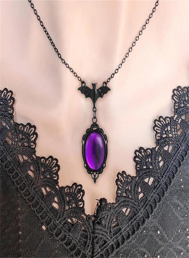 RLHRNDE Gothic Bat Glass Necklace Earrings Set for Women Vintage Punk Vampire Bat Pendant Necklace Blood Red Crystal Earrings Halloween Cosplay Mystic Witch Jewelry Set (Purple) - Image 2