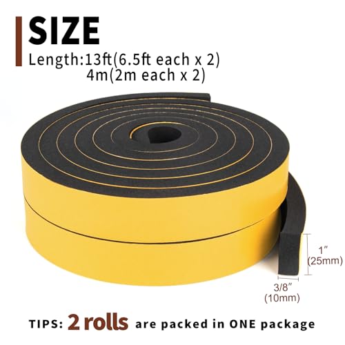 Yotache Foam Strips with Adhesive 2 Rolls 1" W X 3/8" T, (New Adhesive Craft) Black Foam Insulation Weather Stripping Door Seal Tape, 13 Ft Length (2 X 6.5 Ft Each) - Image 4