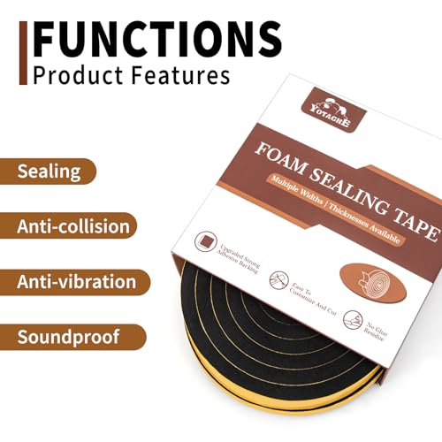 Yotache Foam Strips with Adhesive 2 Rolls 1" W X 3/8" T, (New Adhesive Craft) Black Foam Insulation Weather Stripping Door Seal Tape, 13 Ft Length (2 X 6.5 Ft Each) - Image 5