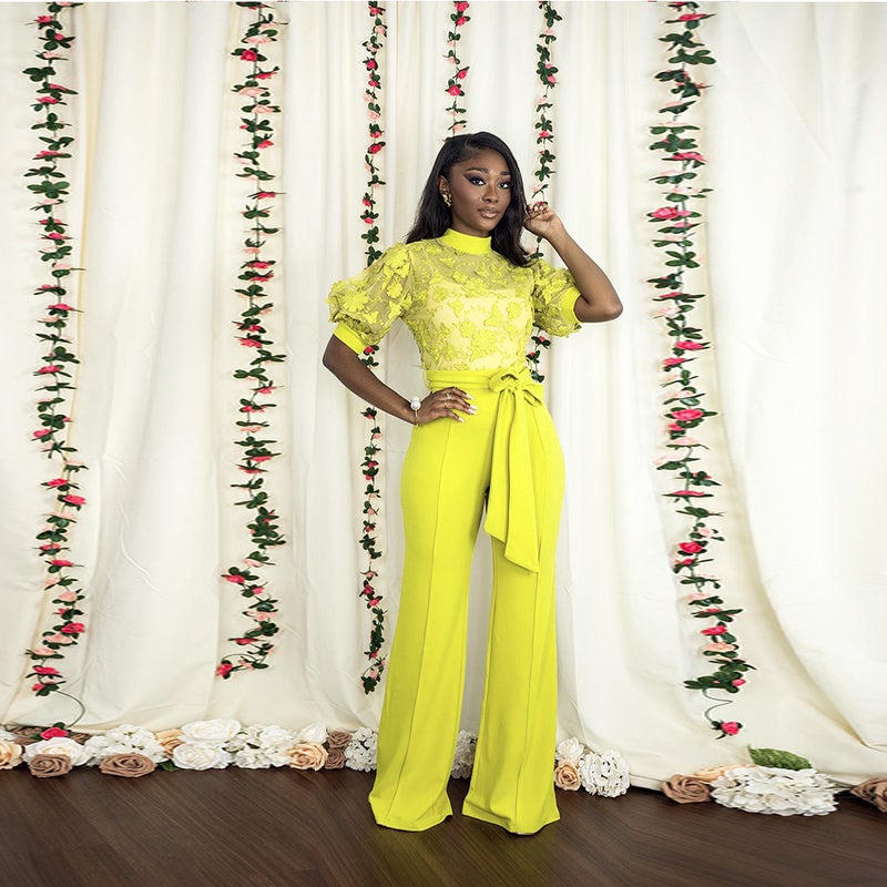 CY9064 European and American independent station wish spring and autumn new fashion half turtleneck embroidered loose pants leg jumpsuit women yellow L - Image 4