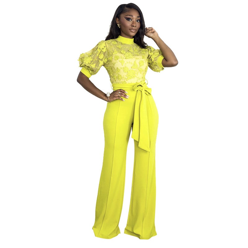 CY9064 European and American independent station wish spring and autumn new fashion half turtleneck embroidered loose pants leg jumpsuit women yellow L - Image 1