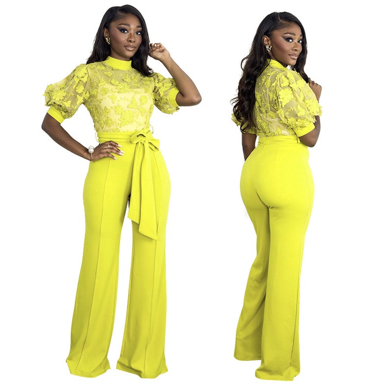 CY9064 European and American independent station wish spring and autumn new fashion half turtleneck embroidered loose pants leg jumpsuit women yellow L - Image 2