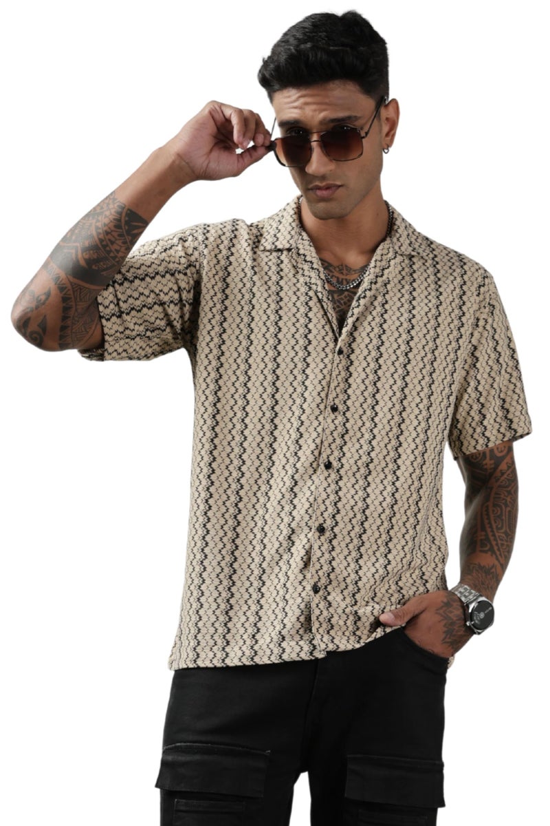 SWADESI STUFF Men's Geometric Print Regular Fit Polycotton Shirt | Stylish Half Sleeve Casual Shirt for Men (in, Alpha, L, Regular, Brown) - Image 1