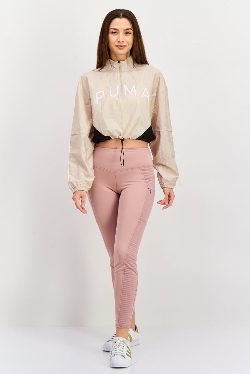 PUMA جاكيت خارجي نصف سحاب للنساء بشعار العلامة التجارية، كريمي - Image 4