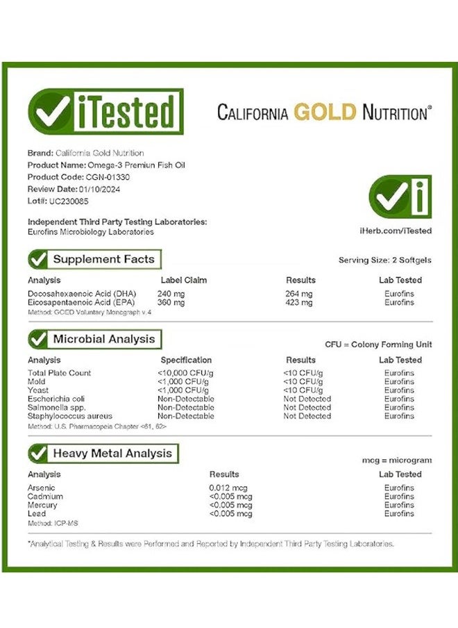 California Gold Nutrition - California Gold Nutrition Omega-3 Premium Fish Oil 240 Fish Gelatin Softgels - Image 1