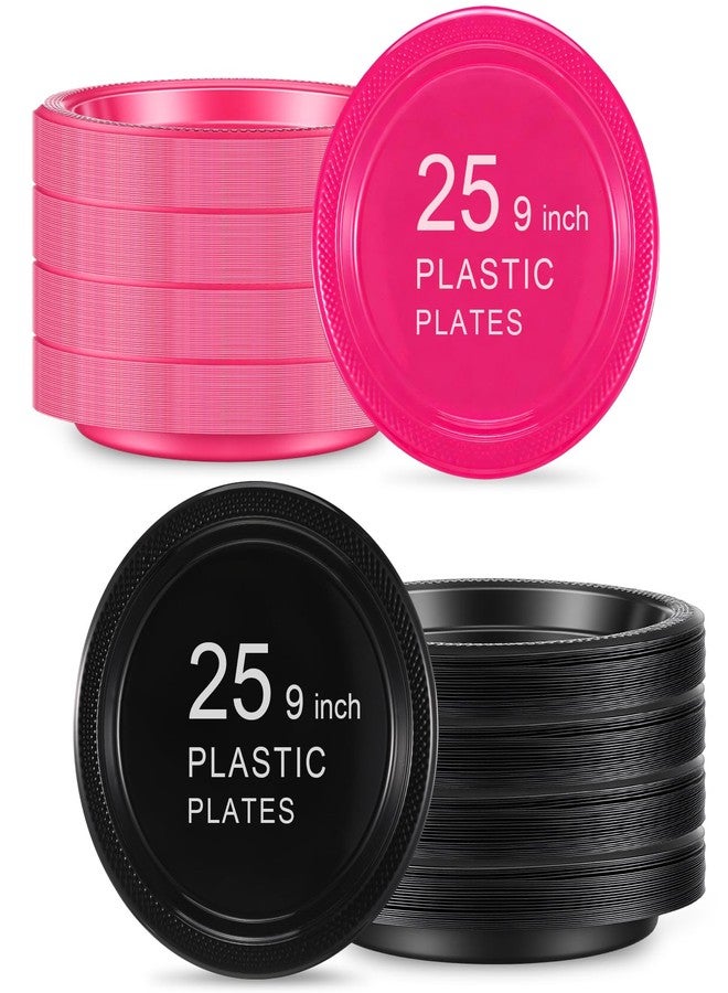 Uiifan 50 Pcs Party Solids Hot Pink and Black Plastic Plates, Pink and Black Plastic Plates Bulk for Girls Women Birthday Engagement Anniversary Wedding Bridal Shower Party Graduation(9 Inch) - Image 1
