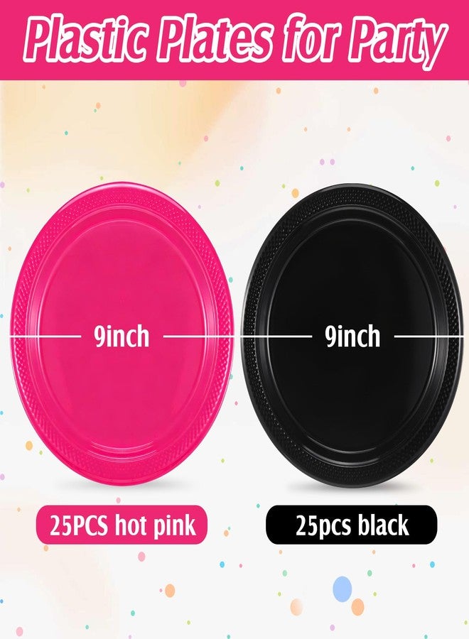 Uiifan 50 Pcs Party Solids Hot Pink and Black Plastic Plates, Pink and Black Plastic Plates Bulk for Girls Women Birthday Engagement Anniversary Wedding Bridal Shower Party Graduation(9 Inch) - Image 2