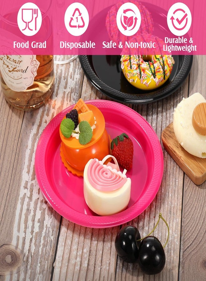 Uiifan 50 Pcs Party Solids Hot Pink and Black Plastic Plates, Pink and Black Plastic Plates Bulk for Girls Women Birthday Engagement Anniversary Wedding Bridal Shower Party Graduation(9 Inch) - Image 3