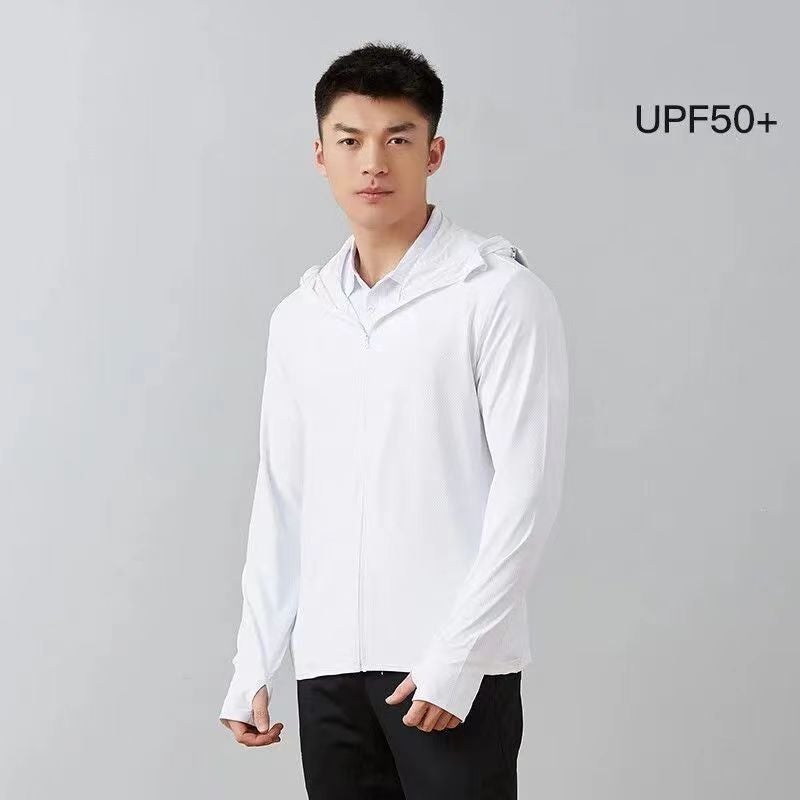 Generic Summer Ice Silk Sun Protection Clothing with Detachable Hood for Fishing Men's white brim