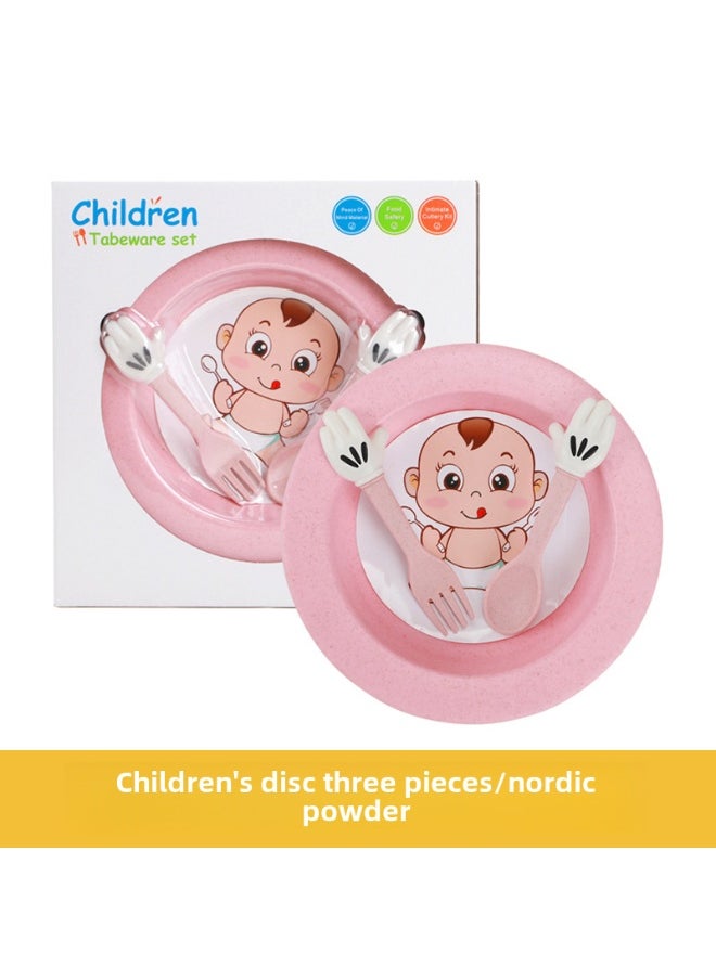 NIBEMINENT Childrens wheat straw tableware suit baby compartment food supplement plate cartoon bowl chopsticks children gift printed logoChildren's disc three pieces/Nordic pink Children's disc three pieces/Nordic pink 