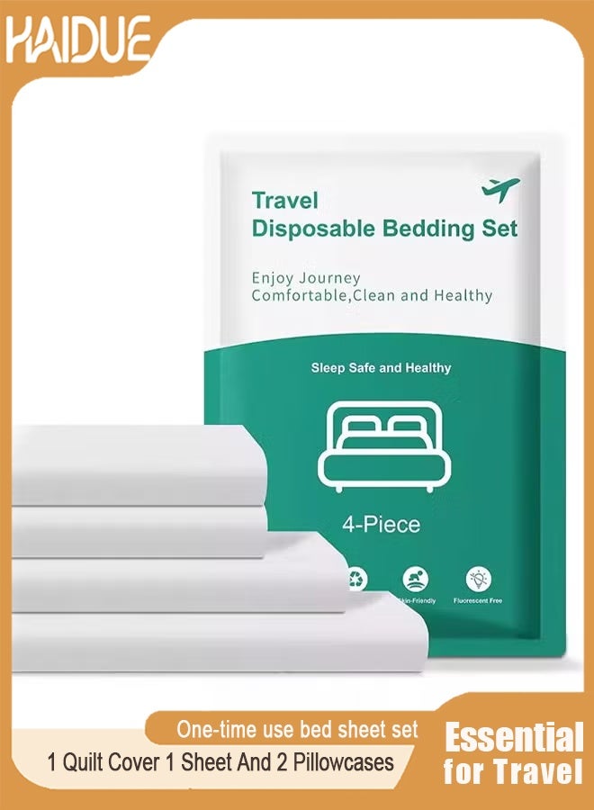 4 PCS Breathable And Lightweight Disposable Bed Sheet Set Ultimate Travel Bedding Set With 1 Quilt Cover 1 Sheet And 2 Pillowcases Perfect For Travel Business Trips Spa And Hotel Stays White