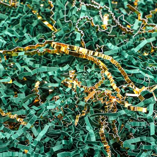 Outus 0.5LB Green Gold Crinkle Cut Paper Shred Filler Metallic Shredded Papers Confetti Gift Box Basket Crinkle Paper Filler Packing Grass Cushion Shredded Tissue Stuffing Graduation Birthday Wrapping