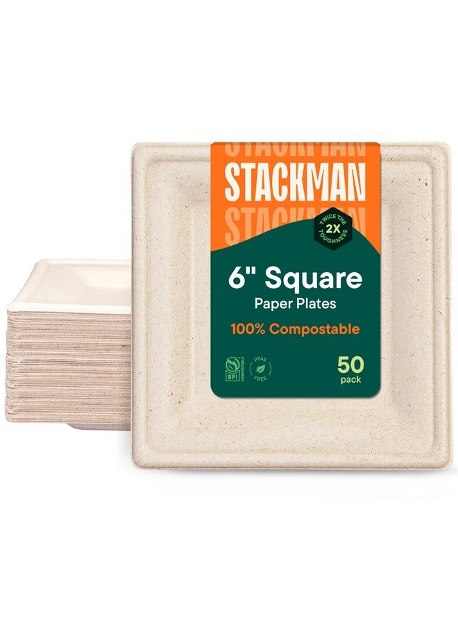 Stack Man 100% Compostable Square Paper Plates [6x6 inch - 50-Pack] Elegant Disposable Plates Heavy-Duty Quality, Natural Bagasse Unbleached, Eco-Friendly Made of Sugar Cane Fibers, 6" Biodegradable Plate - Image 1