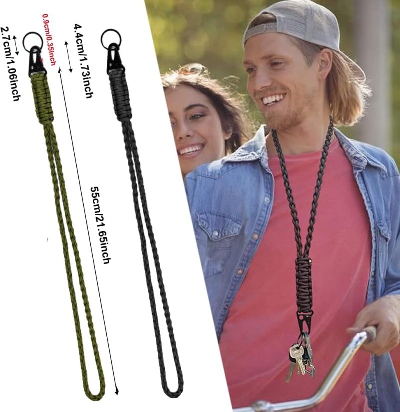 Paracord Neck Lanyard: 2pcs Black & Army Green, Heavy-Duty Secure Construction - Adjustable Comfort Fit, Durable 550 Paracord Key Lanyard for EDC Enthusiasts, Outdoor Hiking Camping - Image 2