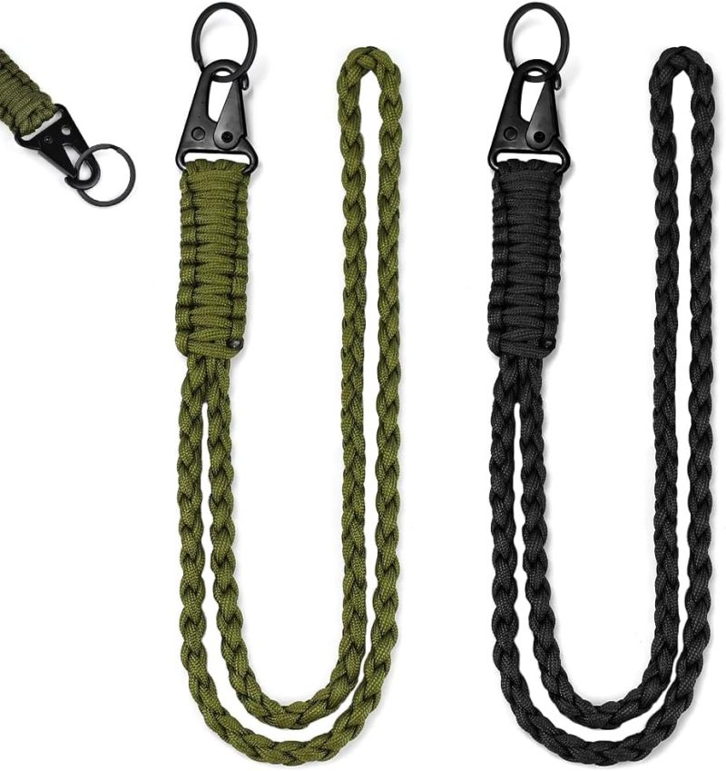 Paracord Neck Lanyard: 2pcs Black & Army Green, Heavy-Duty Secure Construction - Adjustable Comfort Fit, Durable 550 Paracord Key Lanyard for EDC Enthusiasts, Outdoor Hiking Camping - Image 1