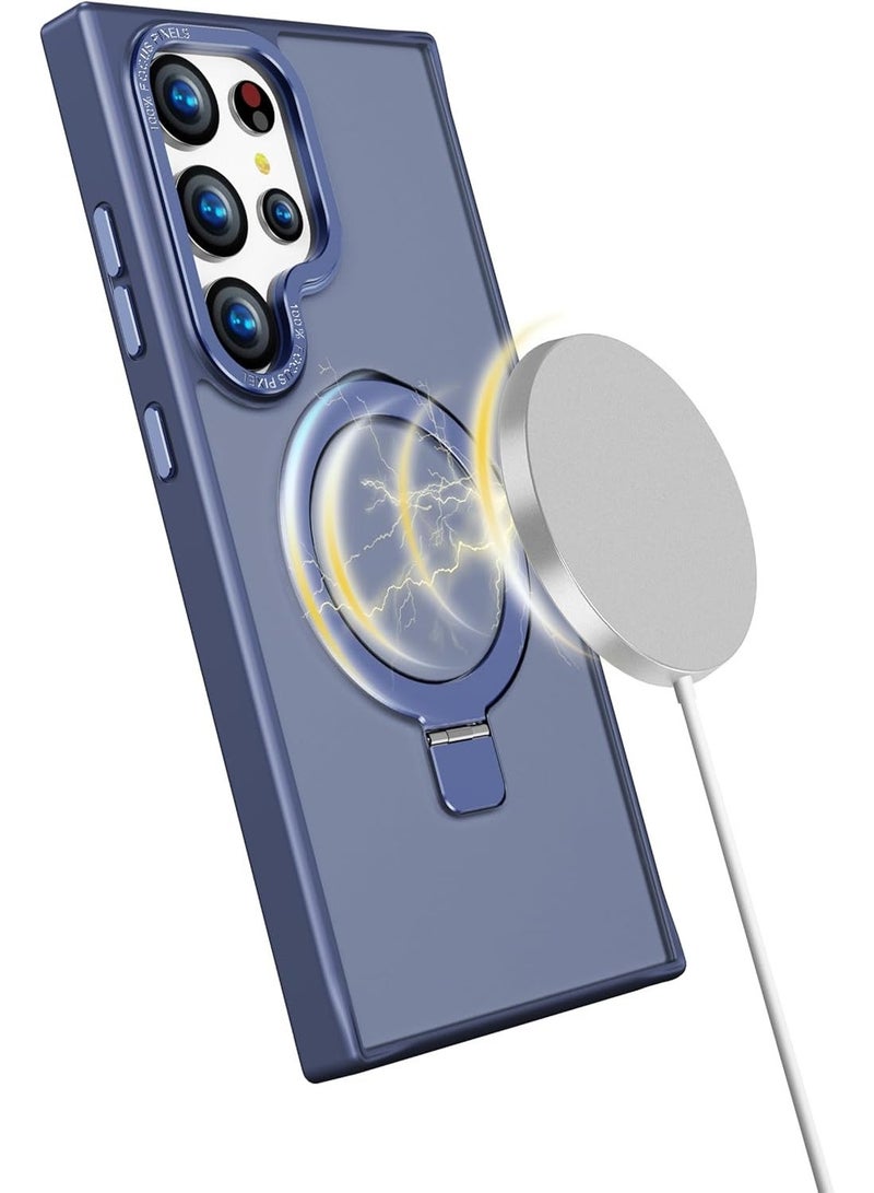 Compatible with Magnetic for Samsung S25 Ultra Case with Ring Stand, [10 FT Drop Protection] [Velvety Touch] Slim Translucent Matte Back Shockproof Phone Case for Samsung S25 Ultra (Blue) - Image 4